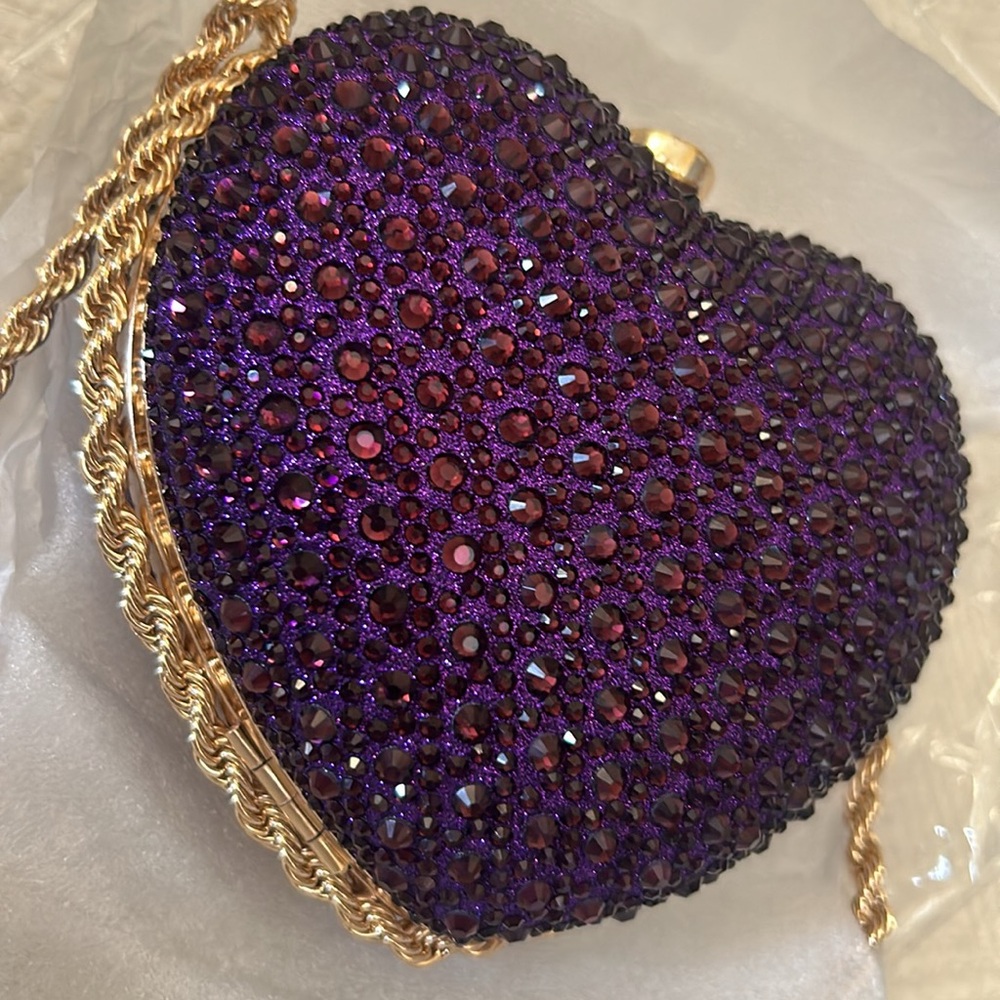 Purple Heart Shaped Rhinestone Inlaid, Metal Chain Strap Handbag / Clutch - Picture 5 of 15